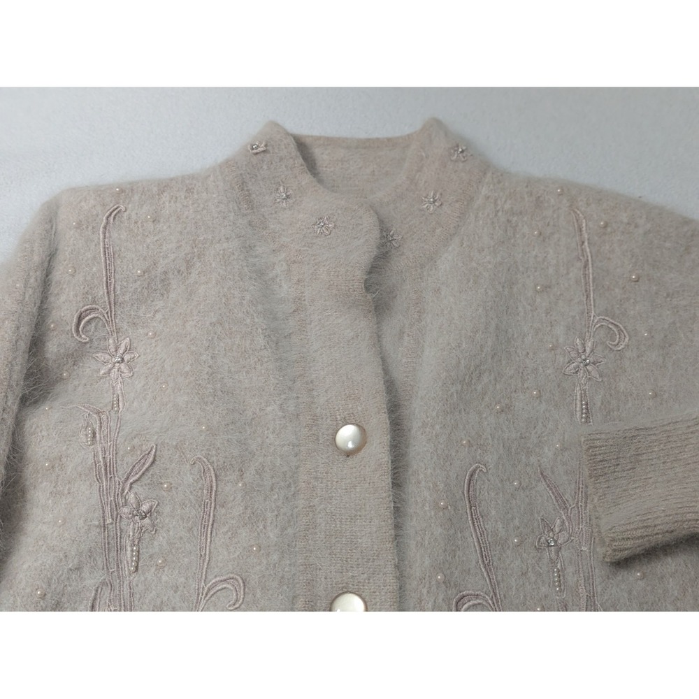 Vtg Venesha Angora Sweater Cardigan Large Pale Pink Fuzzy Pearl Beaded Preppy - Picture 9 of 15